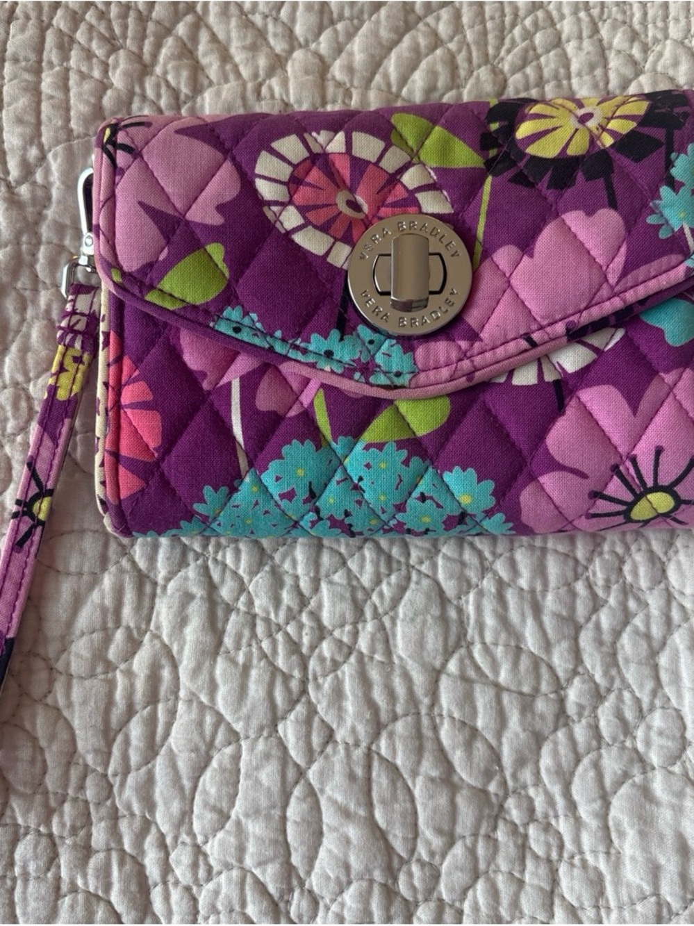 Vera Bradley Purple Floral Quilted Wristlet with Turquoise Accents